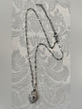 Crystal Padlock Heart Pendant Necklace Silver Tone with Filigree Back